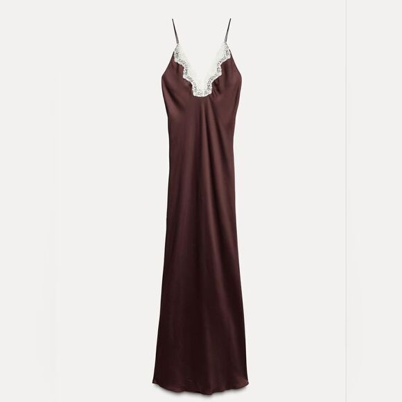 NWT ZARA LACE SLIP DRESS ZW COLLECTION satin silk maxi dress Lingerie Burgundy - Picture 15 of 16